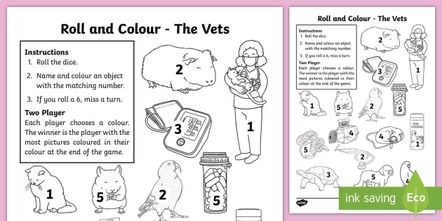 the vets aistear roll and colour worksheet teacher made