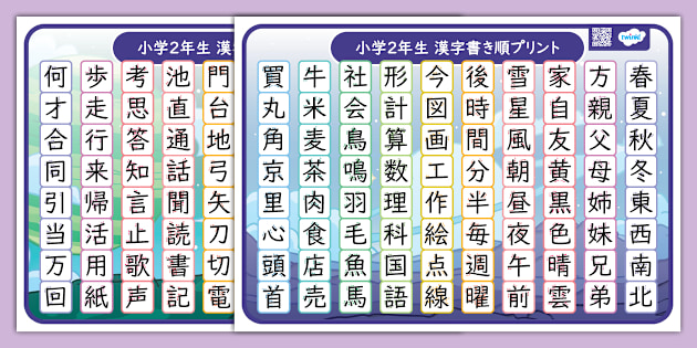小学校二年生で習う漢字に書き順がついた一覧表で漢字の書き方を学んで