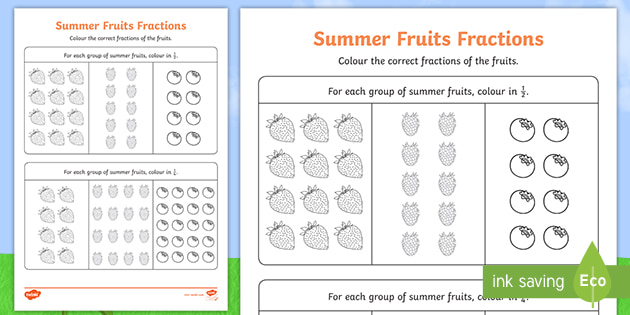 summer themed halves and quarters maths worksheet