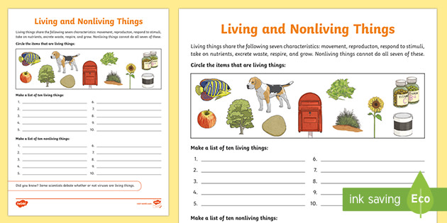 Living And Nonliving Things Worksheets Twinkl