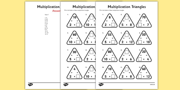 multiplication triangles worksheets mixed times tables