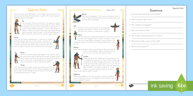 Ancient Egyptian Gods Reading Comprehension Activity - reading