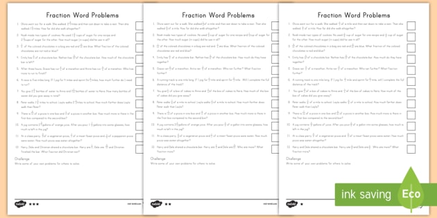 fraction word problems differentiated worksheets printable