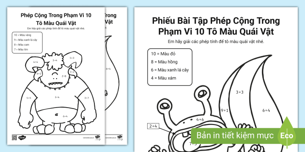 Phiếu Bài Tập Phép Cộng Trong Phạm Vi 10 Tô Màu Quái Vật