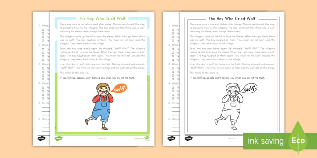 Second Grade The Boy Who Cried Wolf Reading Comprehension Activity