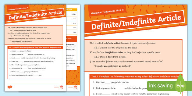 Grammar Homework Week 11 Definite/Indefinite Article 3rd/4th Class