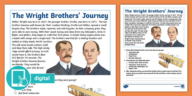 Third Grade The Wright Brothers Journey Reading Passage Comprehension