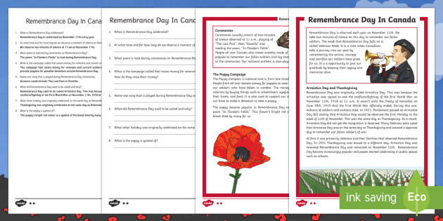 remembrance day reading comprehension grades 4 6