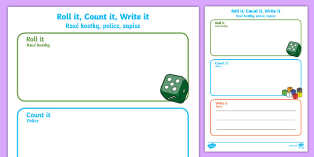 Roll it count it write it number worksheet / worksheet English/Polish