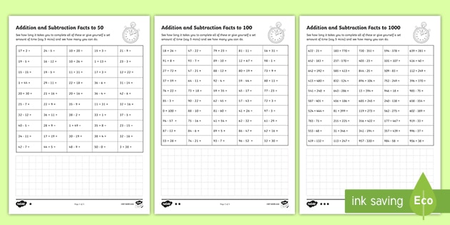 Addition And Subtraction Facts Speed Test Worksheets