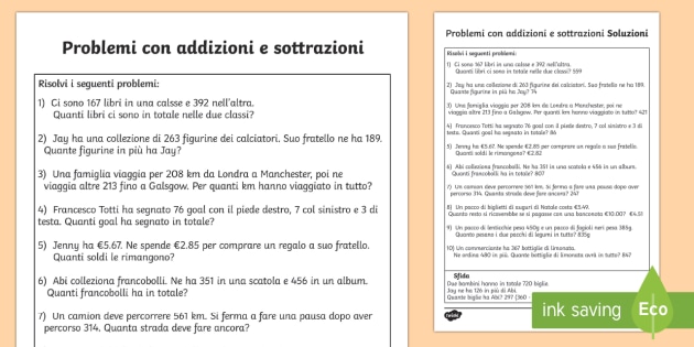 Problemi sulle addizioni per seconda e terza addizione Problemi con soluzioni