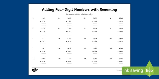 adding four digit numbers with renaming worksheet