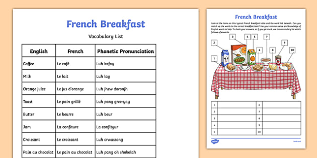 french breakfast worksheet