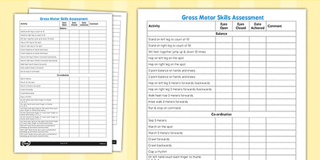 Gross Motor Skills Pupil Assessment Sheet (teacher made)
