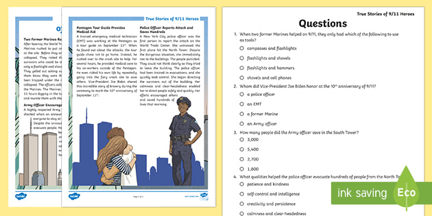 Free Fifth Grade True Stories Of 9 11 Heroes Reading Comprehension
