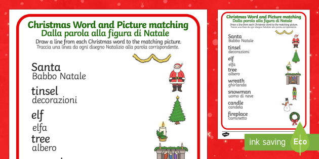 Decorazioni Natalizie Word.Christmas Word And Picture Matching Activity English Italian Christmas Word
