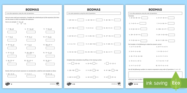 bodmas order of operations worksheets