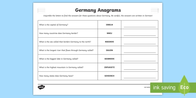 Germany Facts Anagrams Puzzle - German (teacher made)