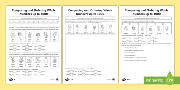 Comparing And Ordering Whole Numbers Up To 1000 Differentiated Worksheet