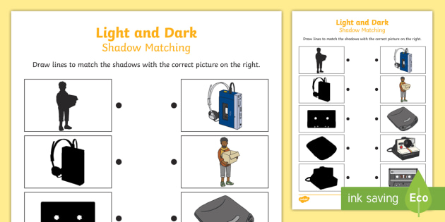 Light and Dark Shadow Matching Worksheet - light, dark, match