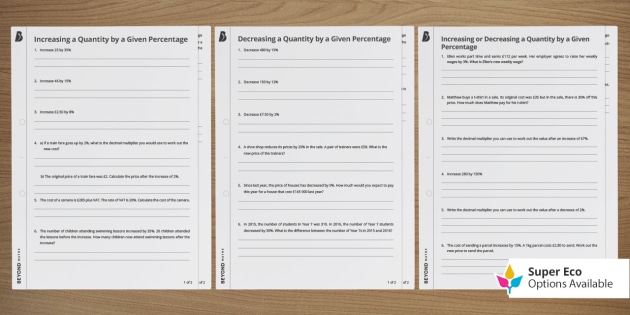 Increasing and Decreasing a Quantity Percentage Worksheets