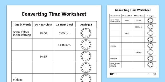 24 Hour Clock Worksheets Converting Time Age 7 9