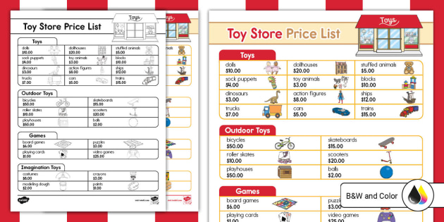 Toy Store Dramatic Play Price List Sign