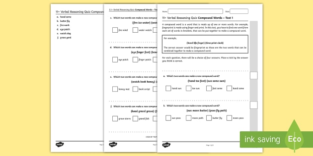 11 + verbal reasoning practice paper: Compound Words Test 1 Assessment Pack