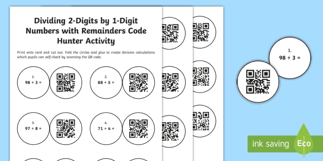 dividing 2 digits by 1 digit numbers with remainders code hunter activity