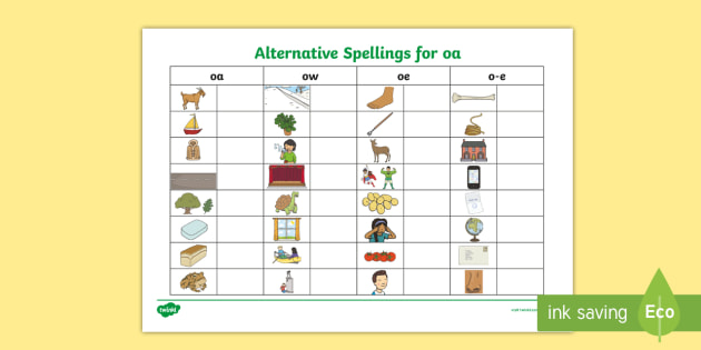Alternative Spellings oa/oe/ow/o-e Table Worksheet - KS1