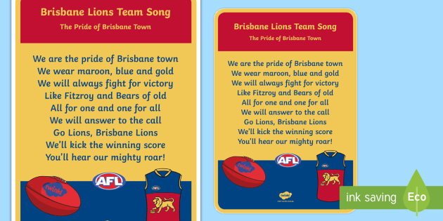 Brisbane Lions AFL Team Song - F-2, Song Lyrics, AFL Teams, Footy Teams