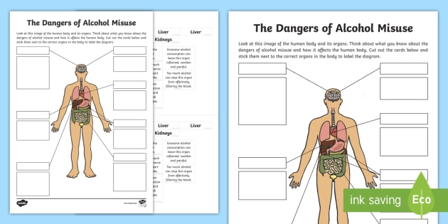 CfE (Second) The Dangers of Alcohol Misuse Labelling Worksheet / Worksheet