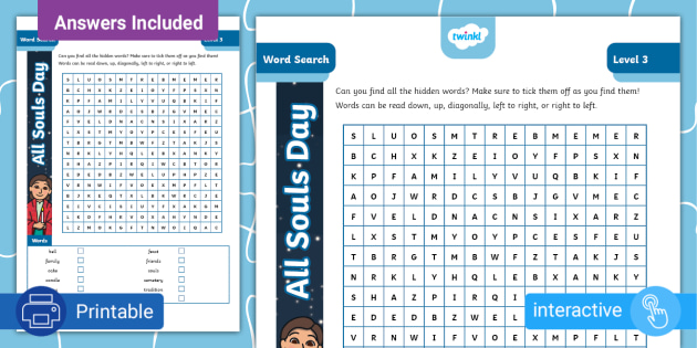 All Souls Day Word Search – L3 – Twinkl - Kids Puzzles