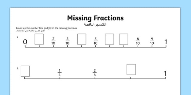 AR T N 4892 Missing Fractions Number Line Activity Sheet Arabic Translation