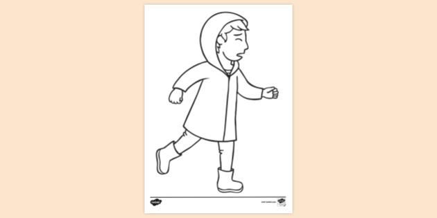 FREE! - Boy Running in Raincoat Colouring Sheet | Colouring Pages