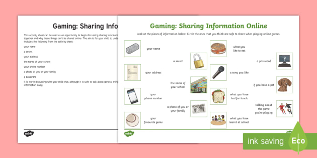 Gaming Sharing Information Online Worksheet Fortnite - roblox information products