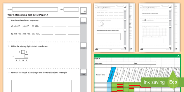 Year 5 Maths Reasoning Test Set 3 Assessment Pack and Analysis Grid