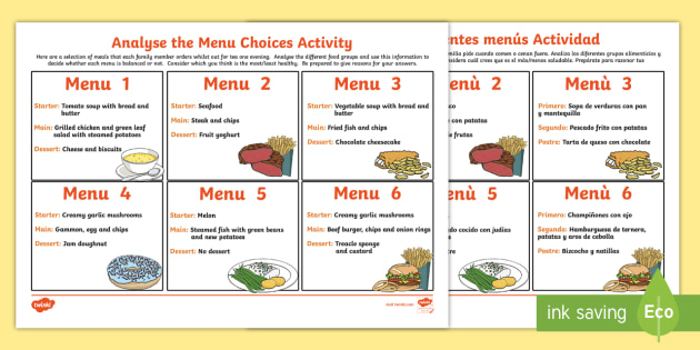 Healthy Eating Analysing Menu Choices Activity English/Spanish