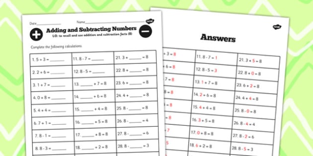 Number Facts to 8 Worksheet (teacher made)