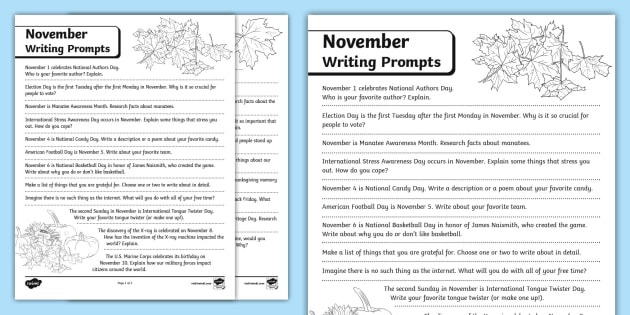 Eighth Grade Journal by the Month - November Writing Prompts