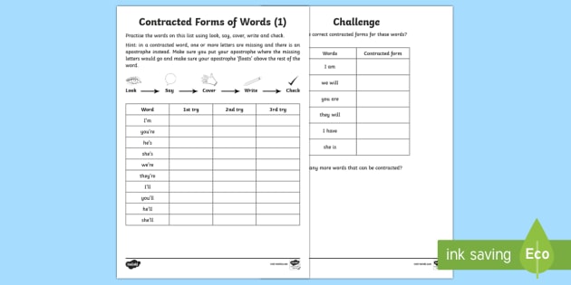 contracted words of form Practice Spelling of Year Forms Contracted 2 Words (1