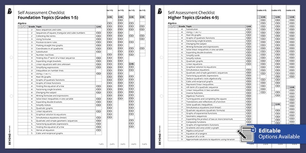 Gcse Maths Topic Checklists Self Assessment Beyond