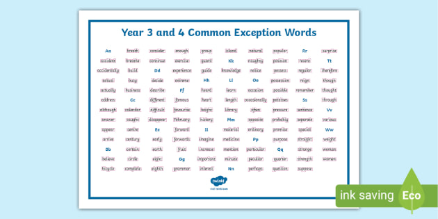 Year 3 and 4 Common Exception Words with Outline Word Mat