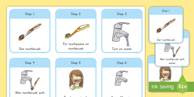 Brushing Teeth Step-by-Step Instructions - toothpaste, toothbrush, water