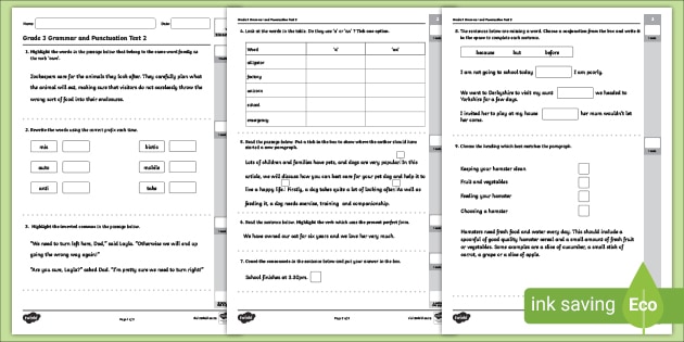 grade 3 grammar and punctuation test 2 english assessment