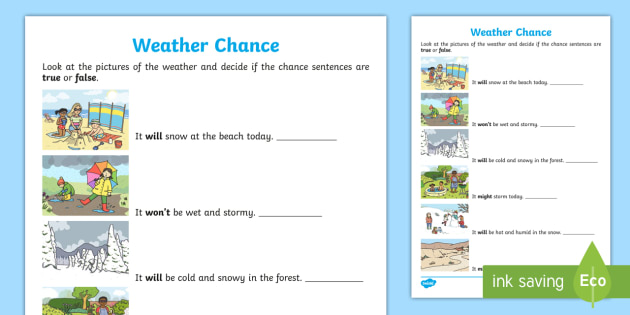 weather chance worksheet for year 1 maths primary resource