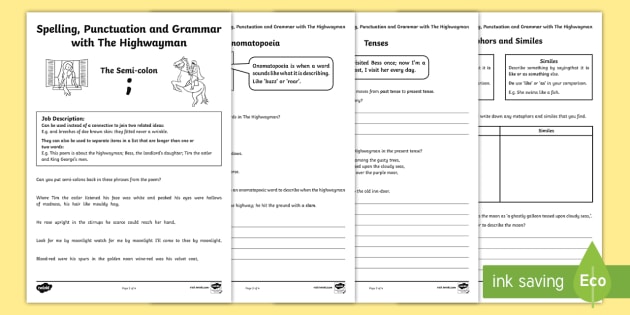 Spelling, Punctuation and Grammar with The Highwayman Worksheet / Activity