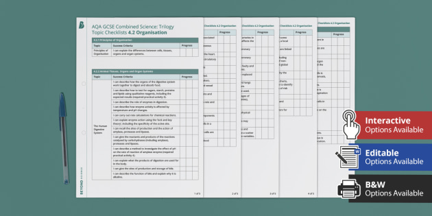 AQA GCSE Combined Science: Trilogy Topic Checklists - 4.2 Organisation