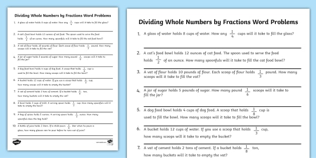Dividing Whole Numbers By Fractions Word Problems Activity