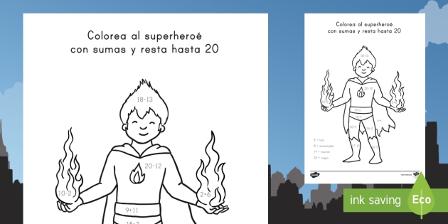 Ficha de actividad: Colorea al superheroé con sumas hasta 20 - colorear con